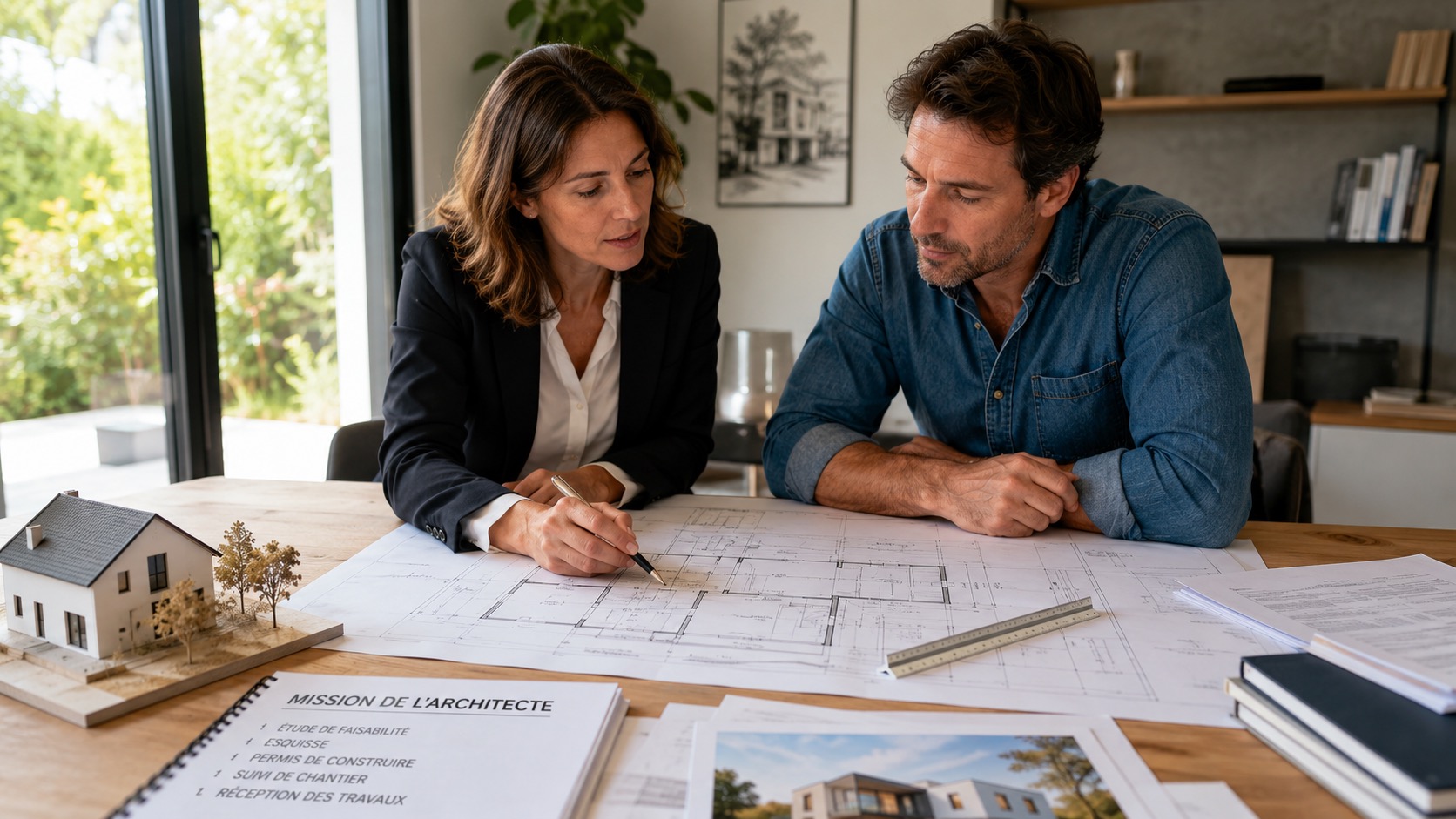 Architecte annotant un plan de maison avec le maître d'ouvrage