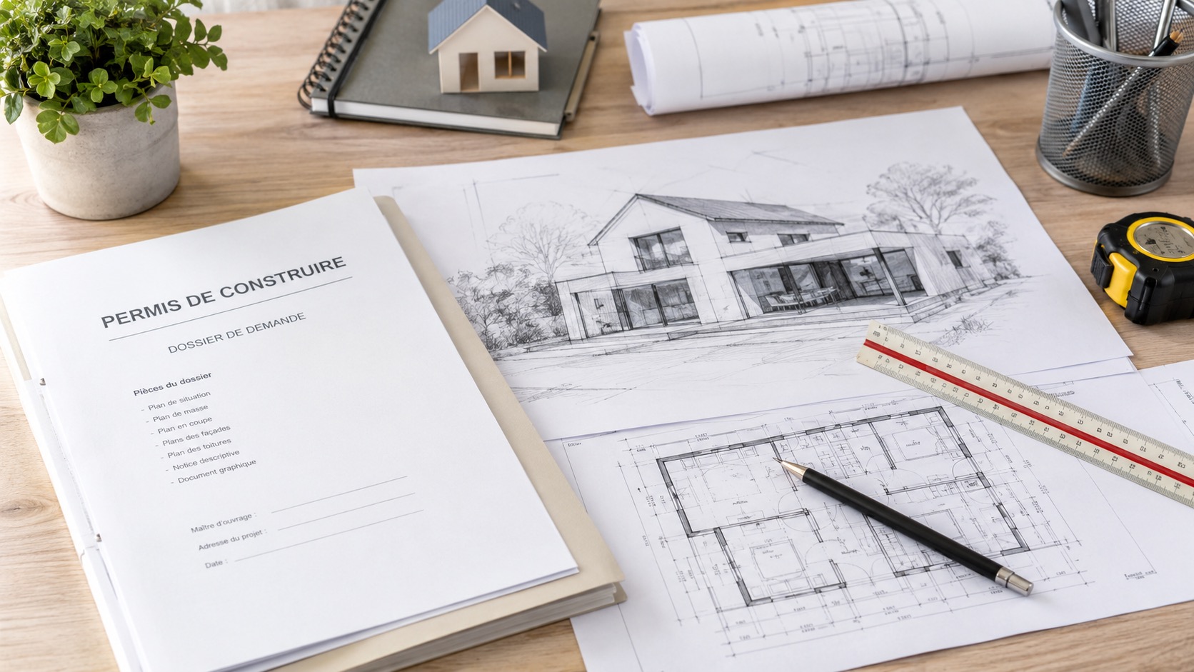 Plan de permis de construire avec croquis de maison et règle d'architecte