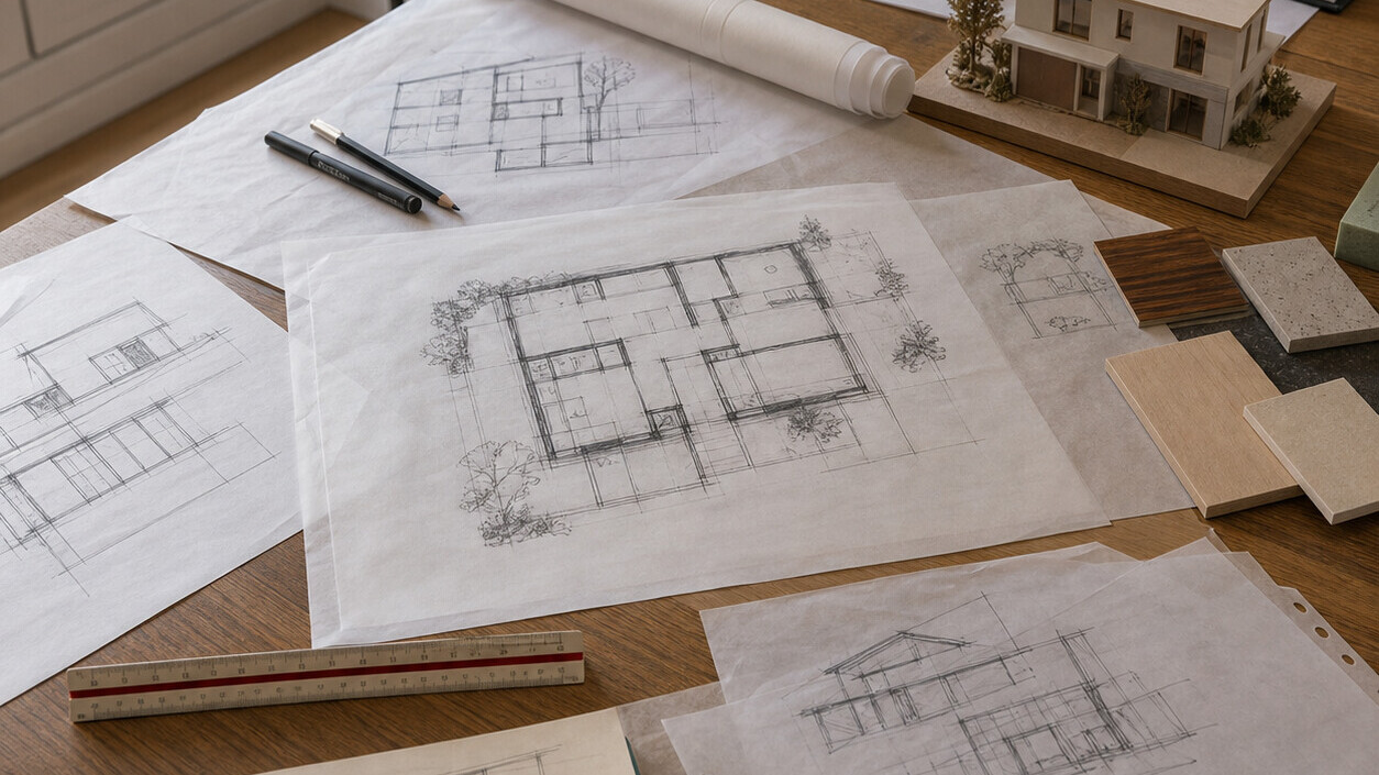 Esquisses et plans d'avant-projet étalés sur une table d'architecte