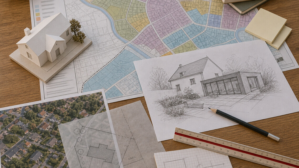 Plan local d'urbanisme annoté avec croquis d'extension de maison